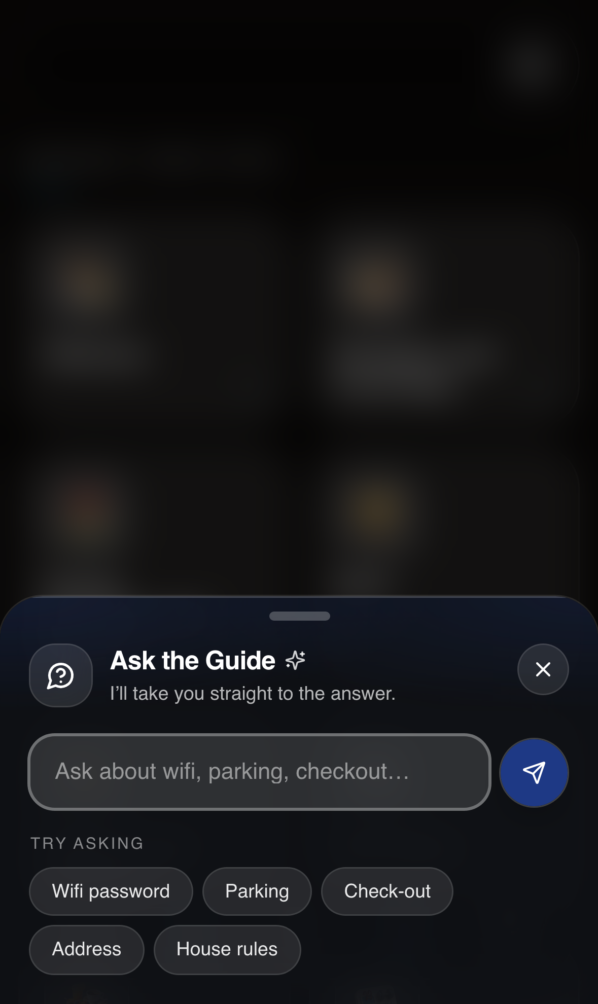 Ask the Guide panel on a phone with suggested questions: Wi-Fi password, parking, check-out, address, house rules.