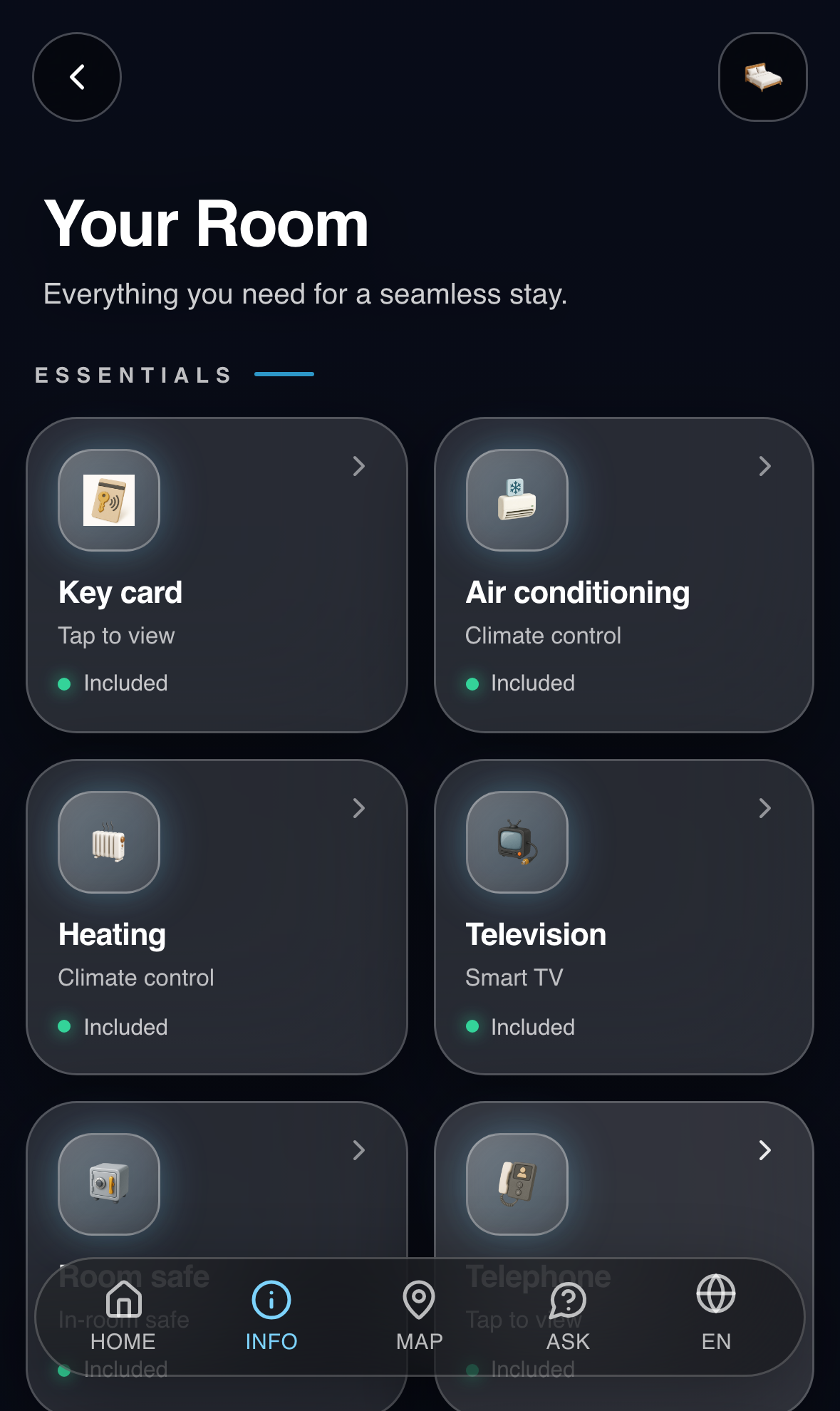 The Your Room section of the hotel guest guide on a phone: key card, air conditioning, heating, television, room safe and telephone.